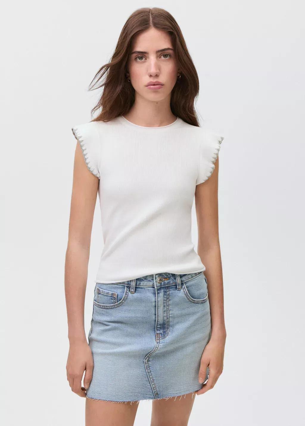 Blue Denim Miniskirt With Frayed Hem, Kids Girl, , large image number 0