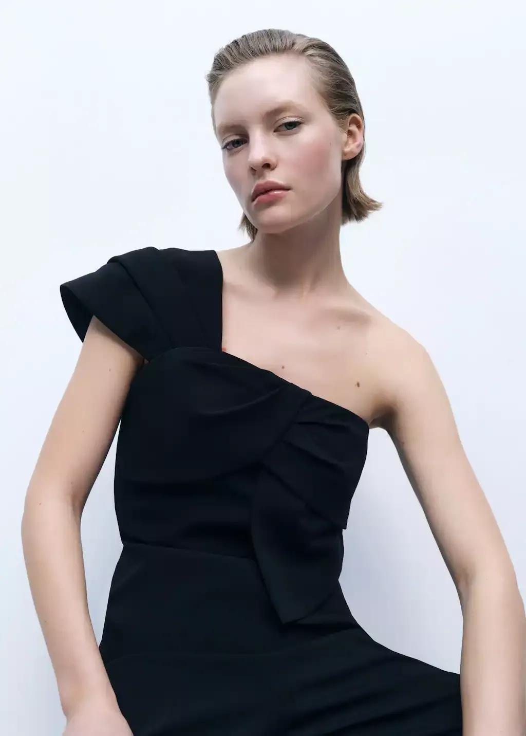 Black Long Jumpsuit With Draped Neckline, , medium