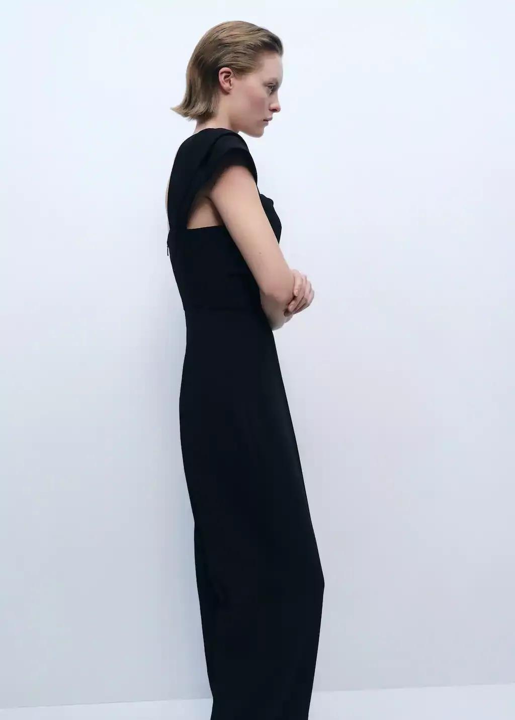 Black Long Jumpsuit With Draped Neckline, , large image number 2