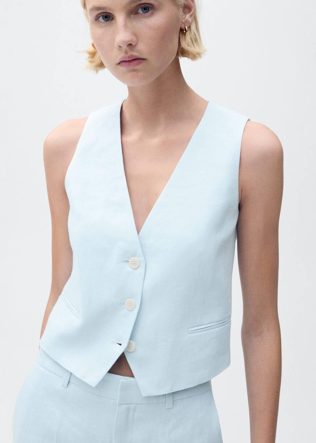 Blue Lt Pastel Linen Suit Waistcoat, , large image number 0