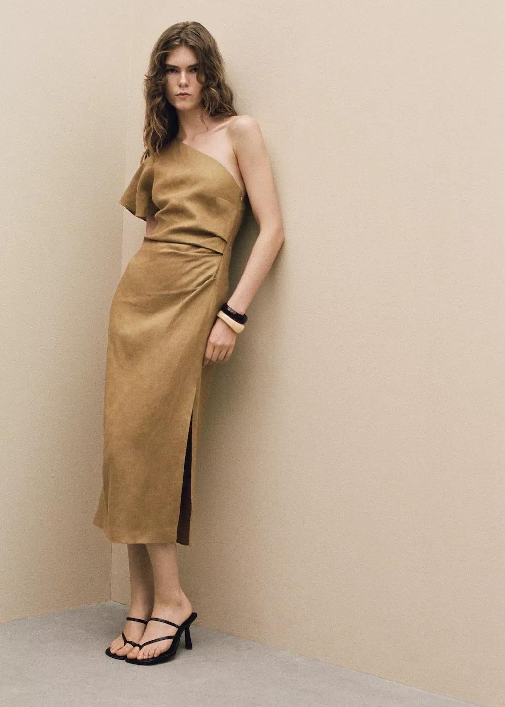 Brown Asymmetrical Linen Dress, , large image number 8