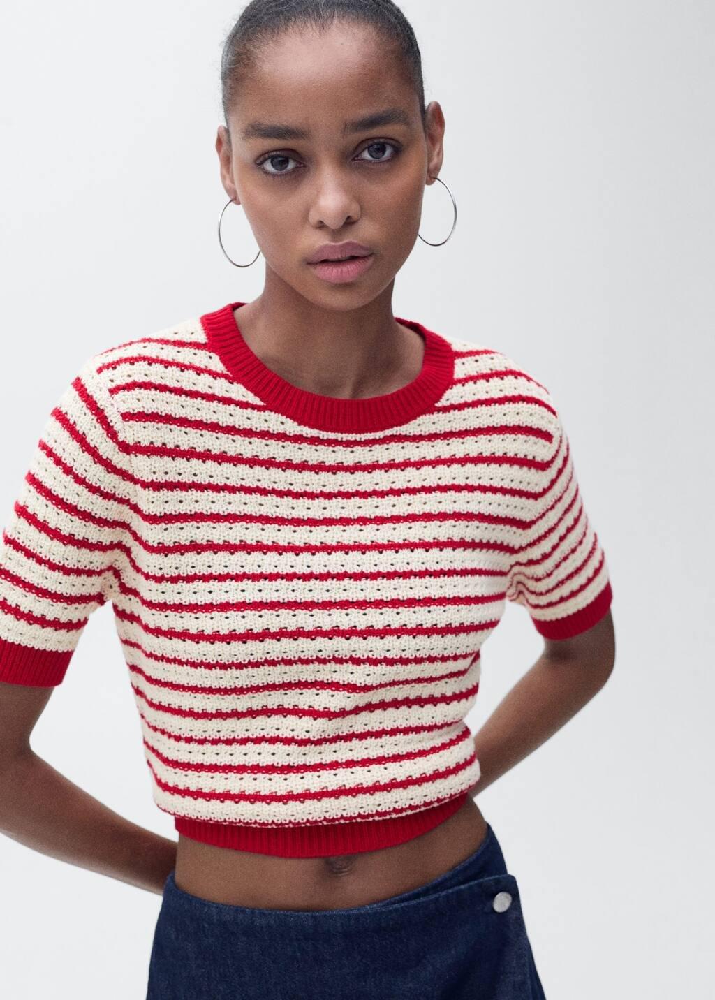 Red Striped Short-Sleeved Crochet Sweater, , large image number 0