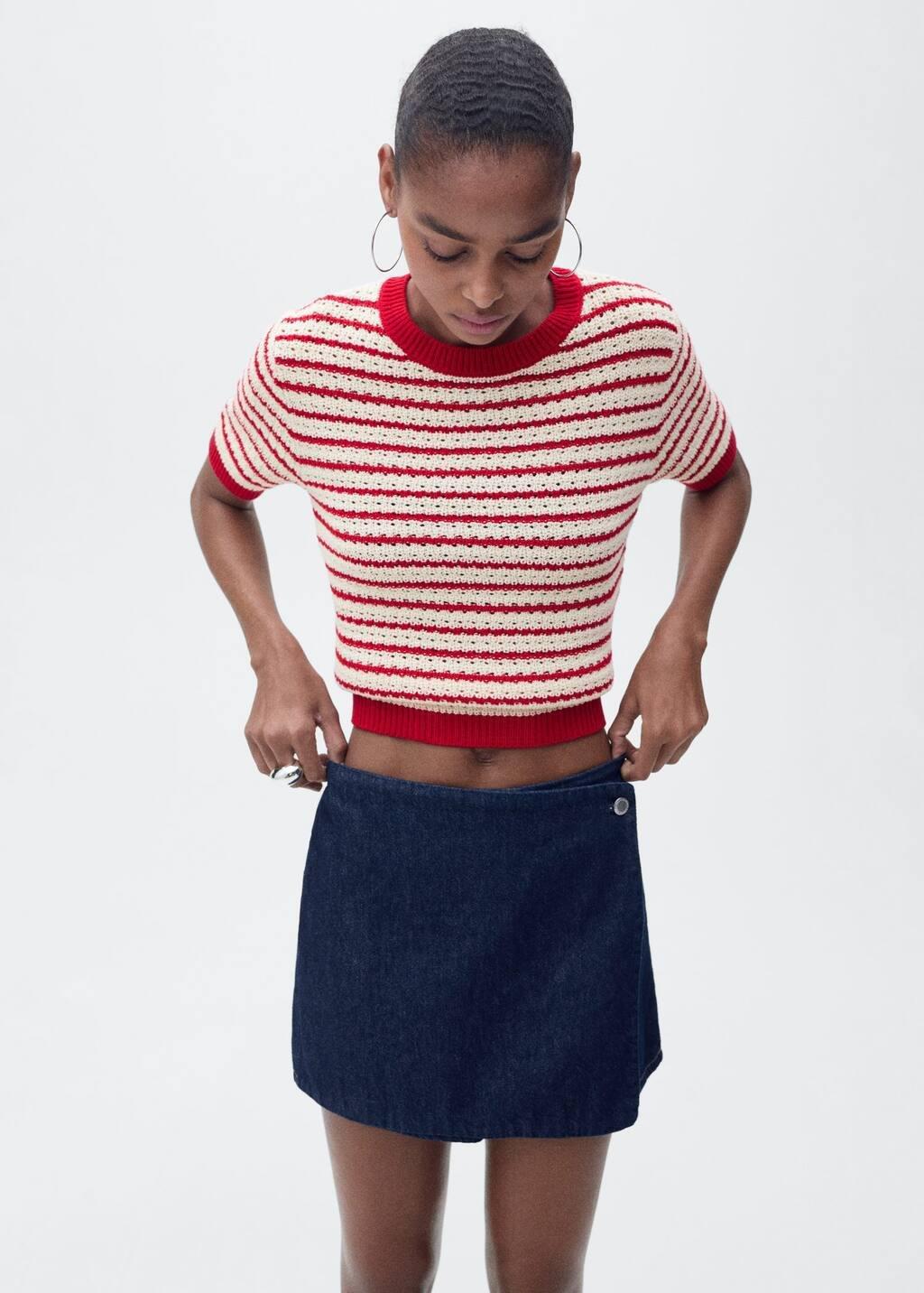 Red Striped Short-Sleeved Crochet Sweater, , large image number 1