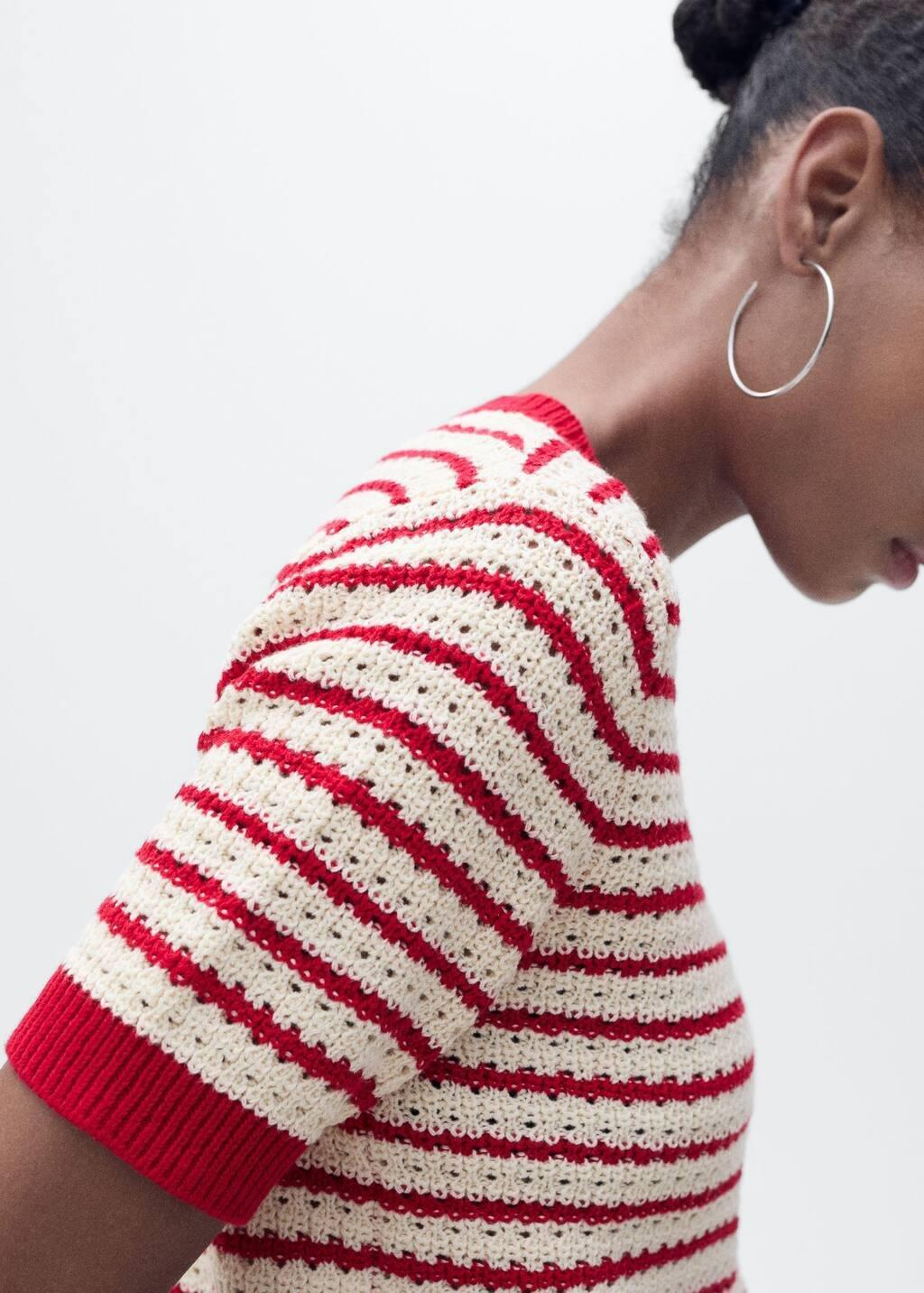 Red Striped Short-Sleeved Crochet Sweater, , large image number 2