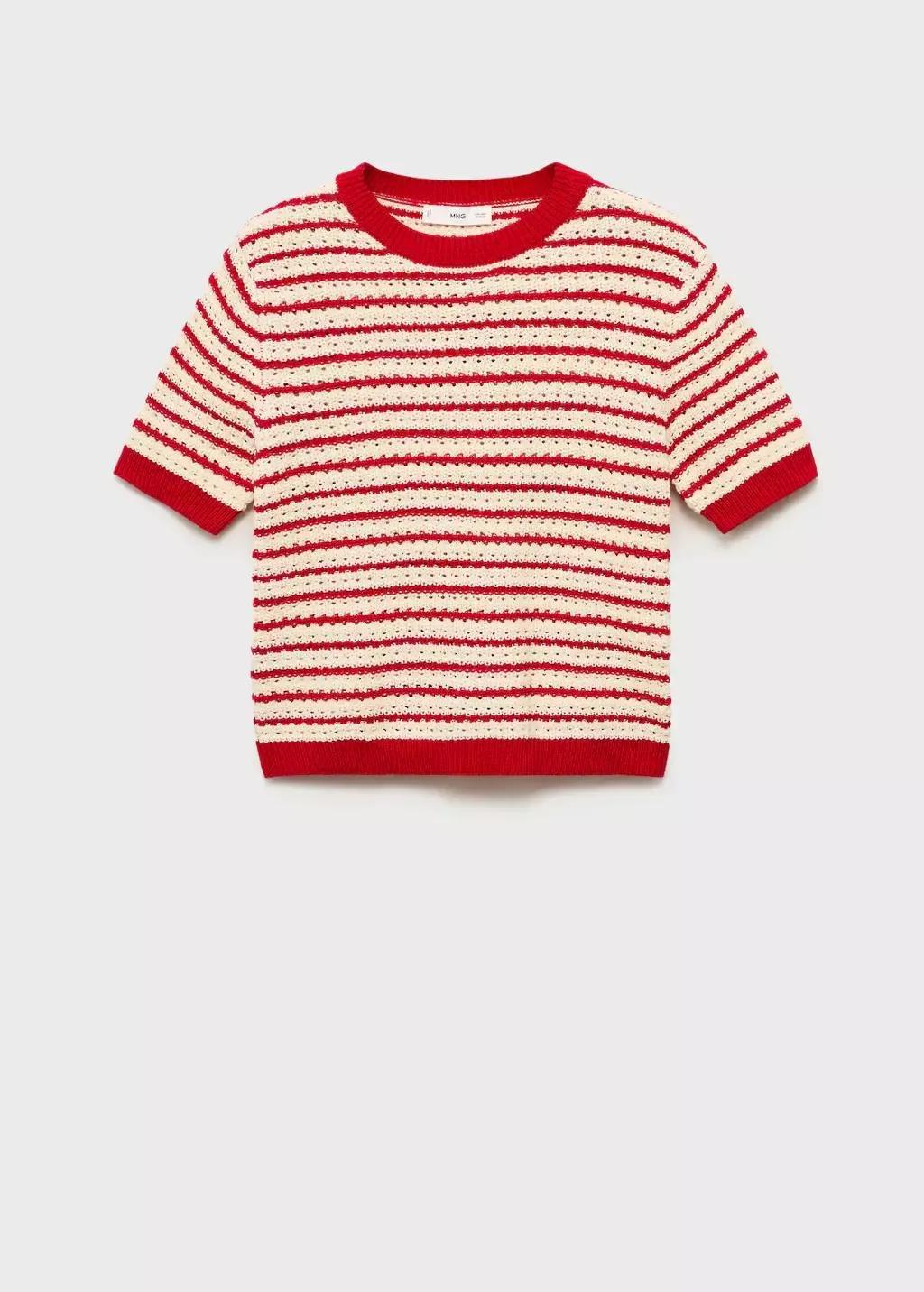 Red Striped Short-Sleeved Crochet Sweater, , large image number 3