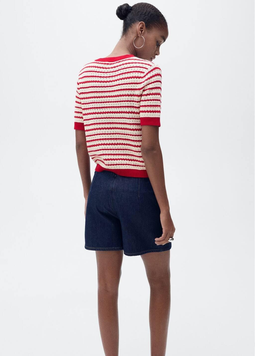 Red Striped Short-Sleeved Crochet Sweater, , large image number 6
