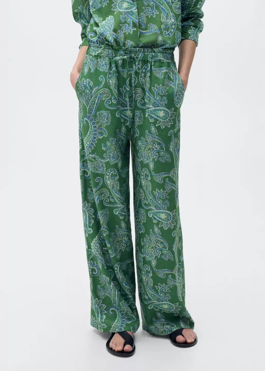 Green Linen Paisley Trousers, , medium