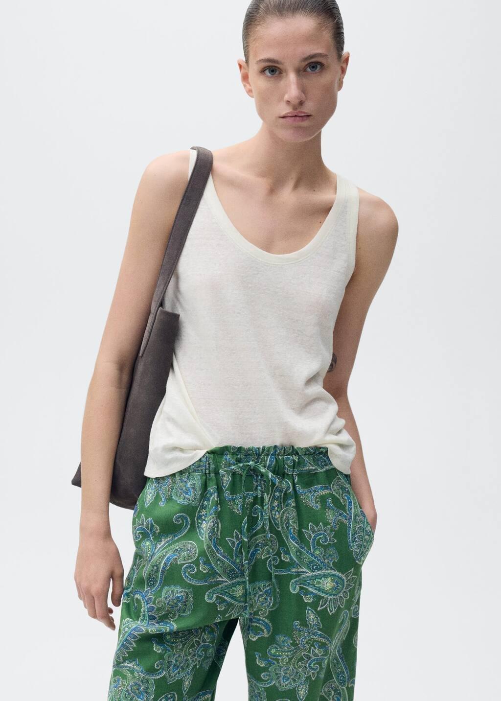 Green Linen Paisley Trousers, , large image number 1