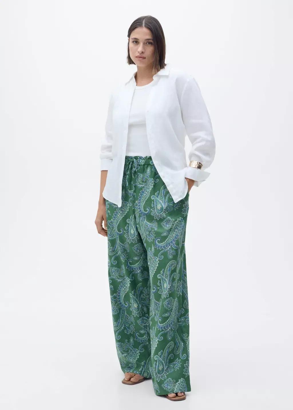 Green Linen Paisley Trousers, , large image number 2