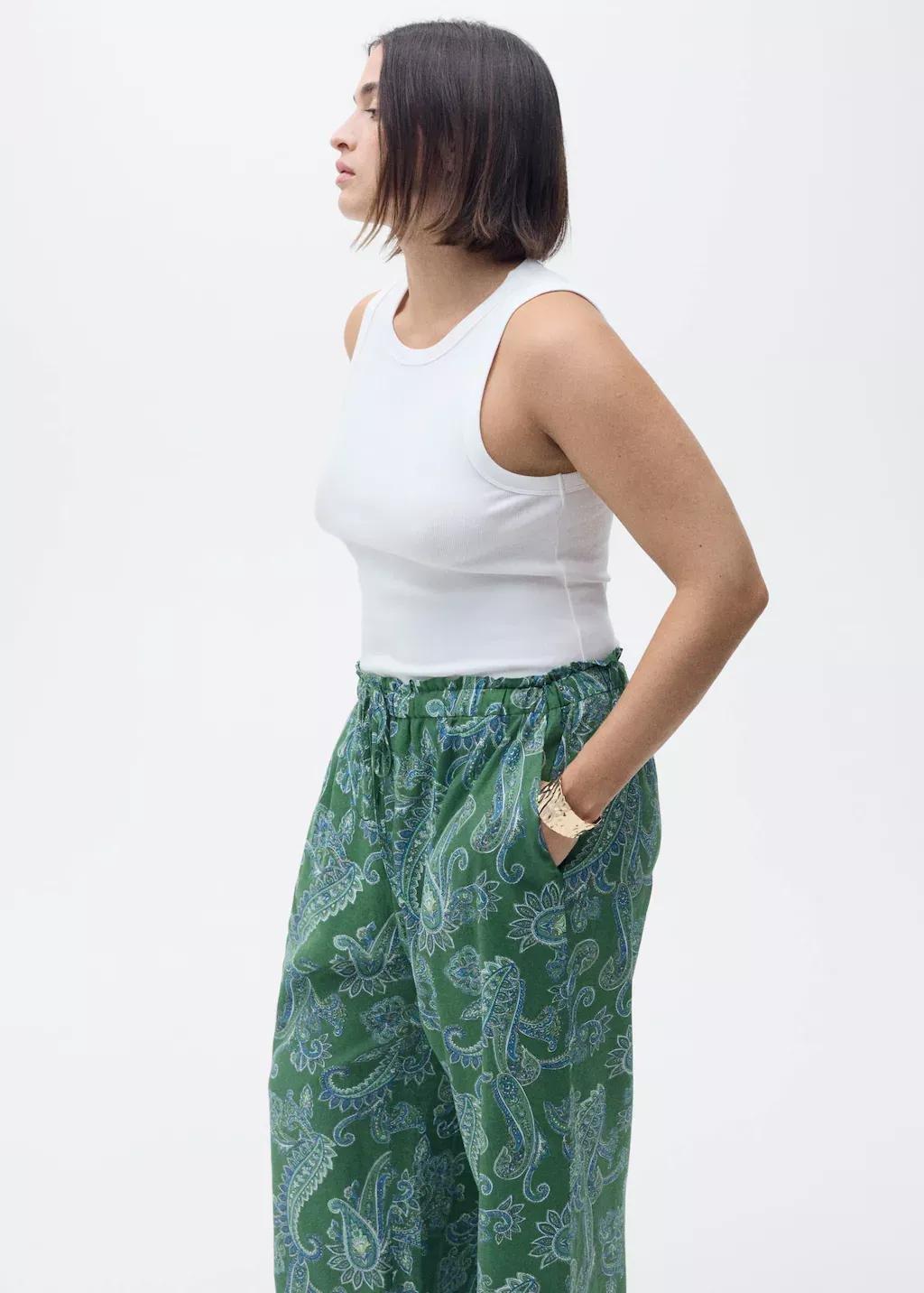 Green Linen Paisley Trousers, , large image number 5