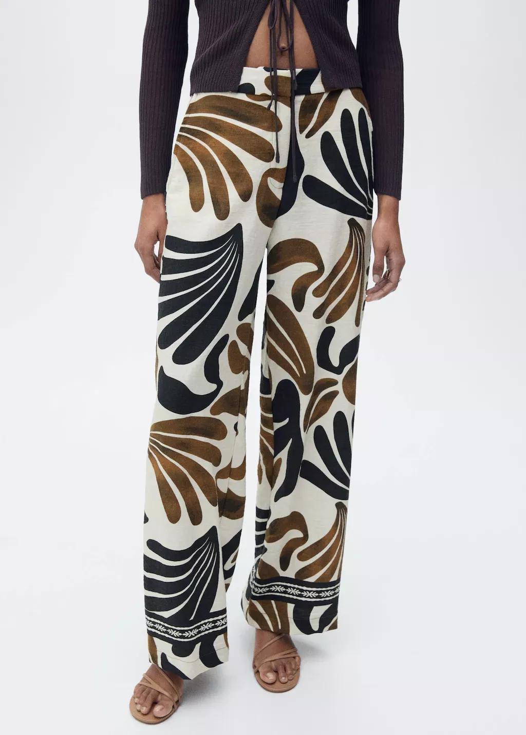 Beige Abstract-Print Wideleg Trousers, , large image number 0