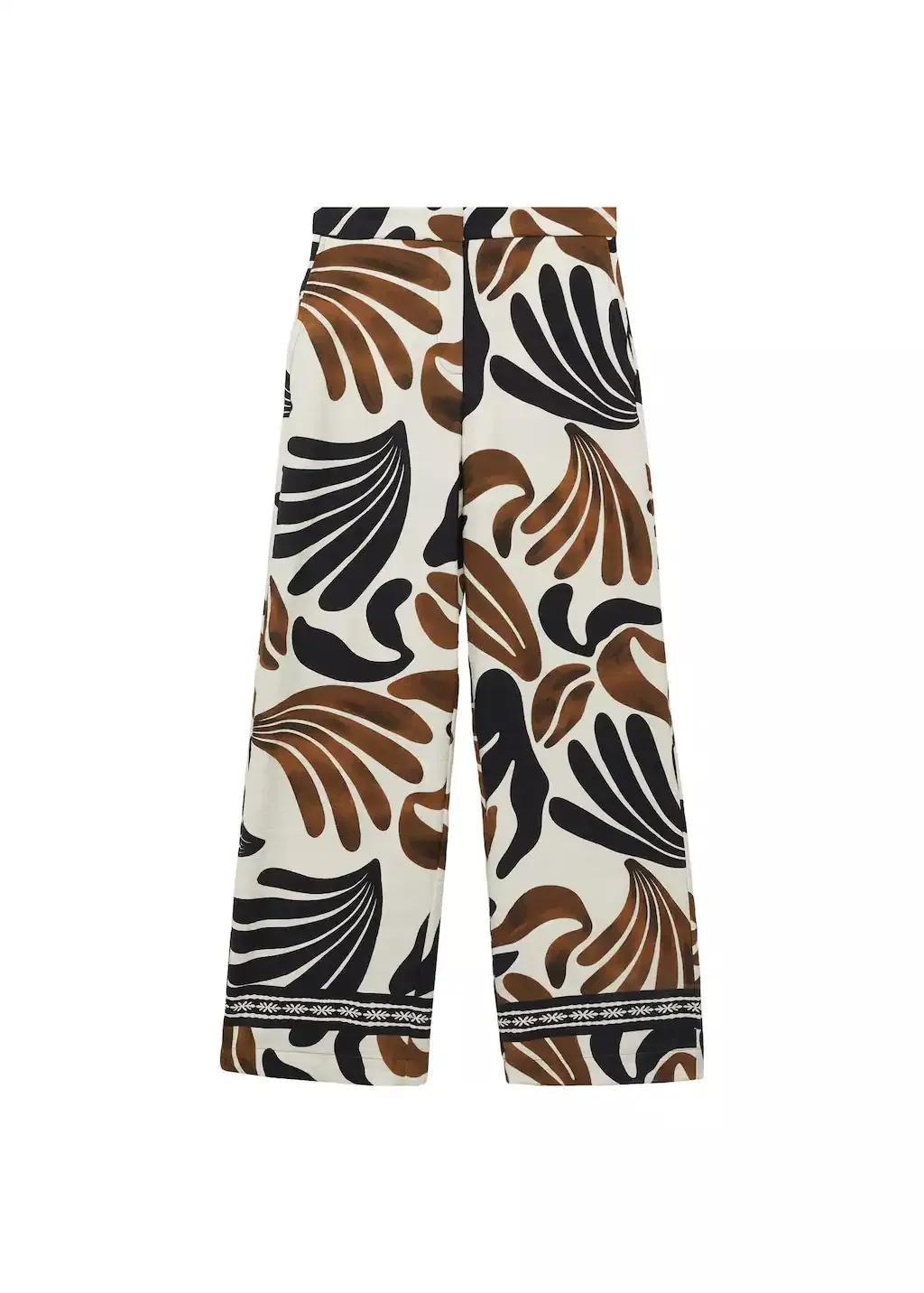Beige Abstract-Print Wideleg Trousers, , large image number 3