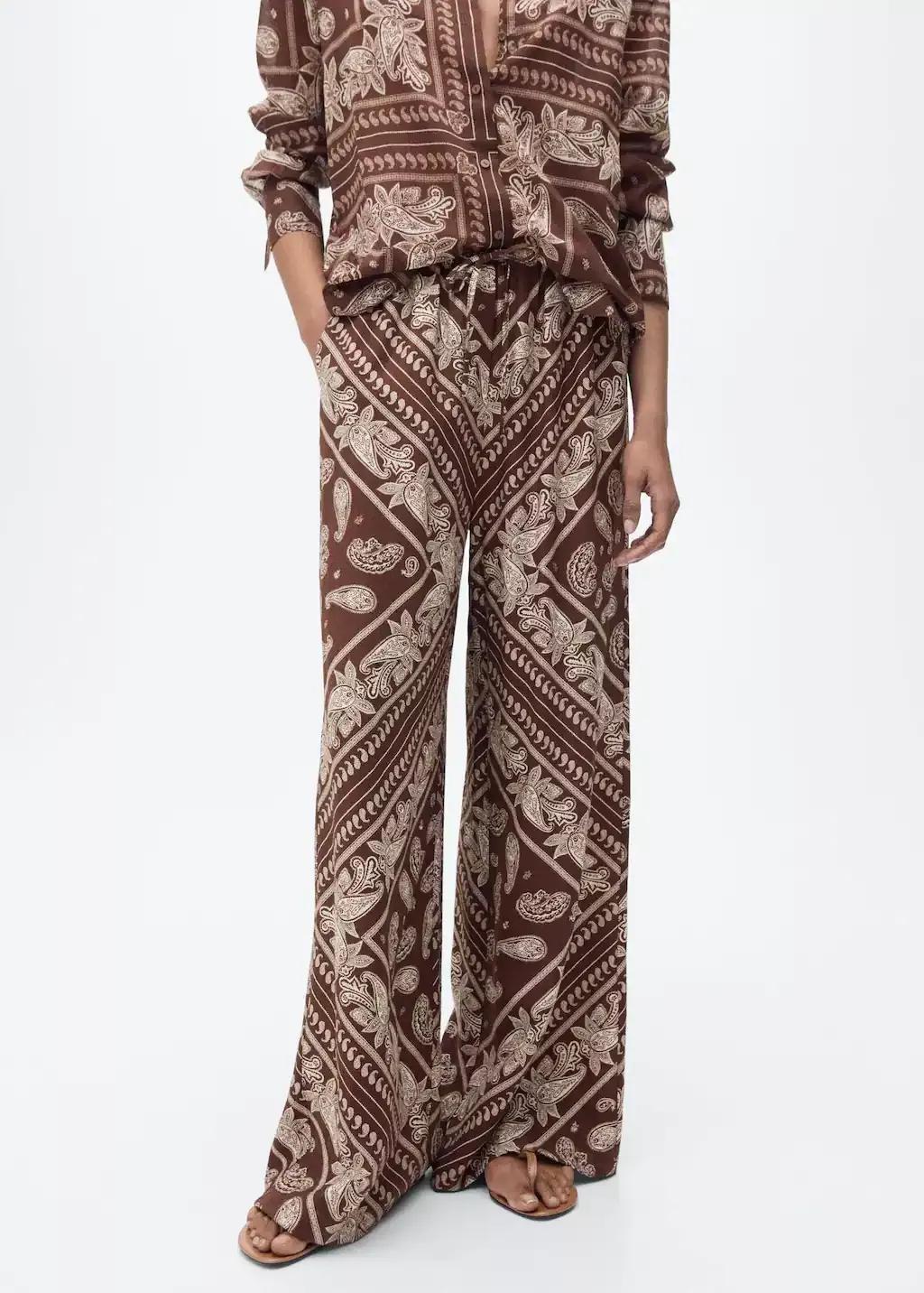 Brown Wideleg Paisley Trousers, , large image number 0