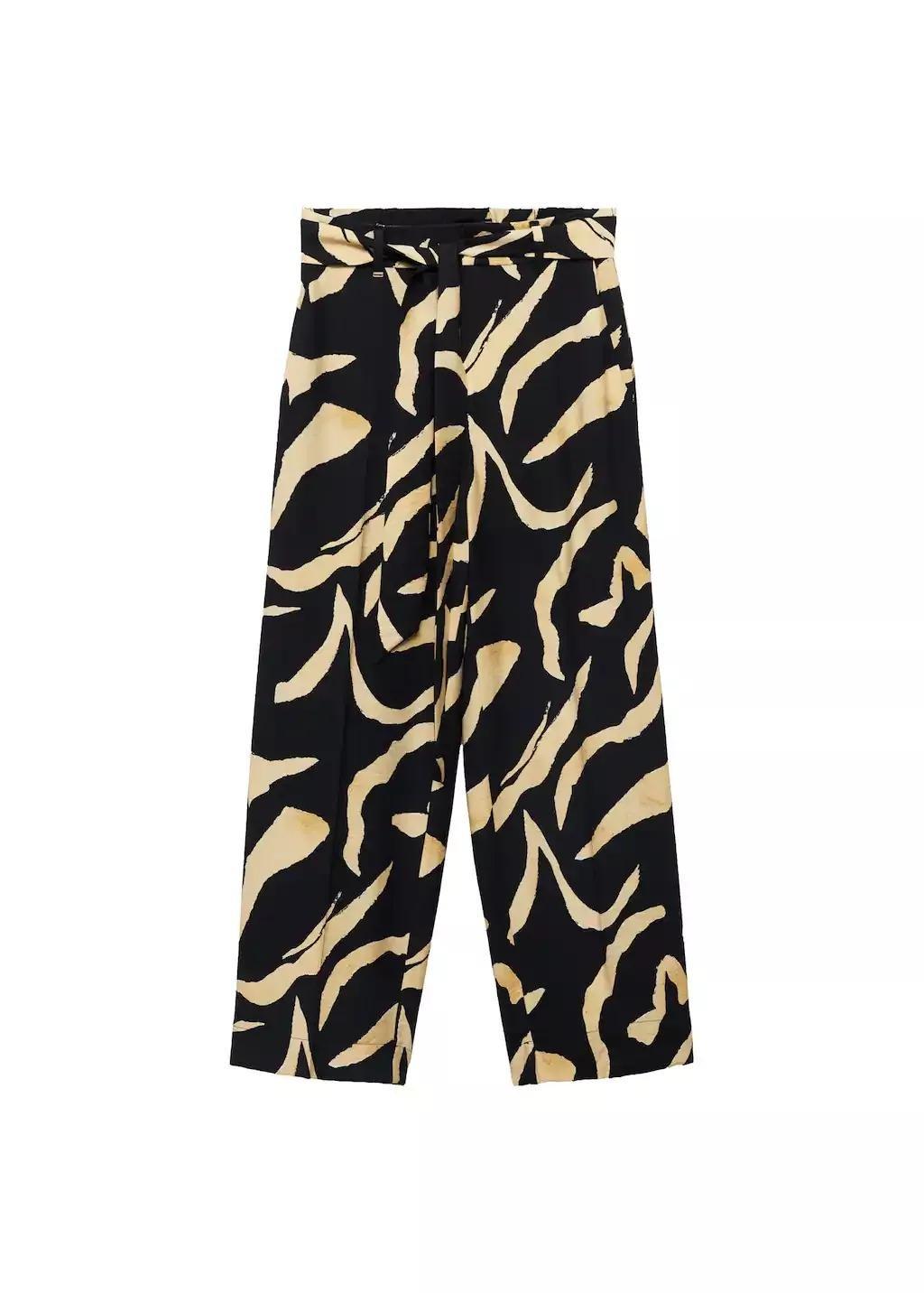 Black Printed Straight-Fit Trousers With Belt, , large image number 3