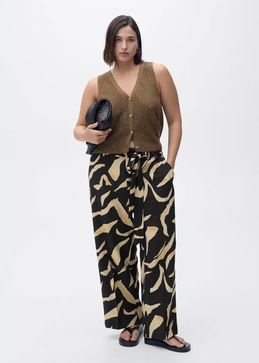 Black Printed Straight-Fit Trousers With Belt, , large image number 6