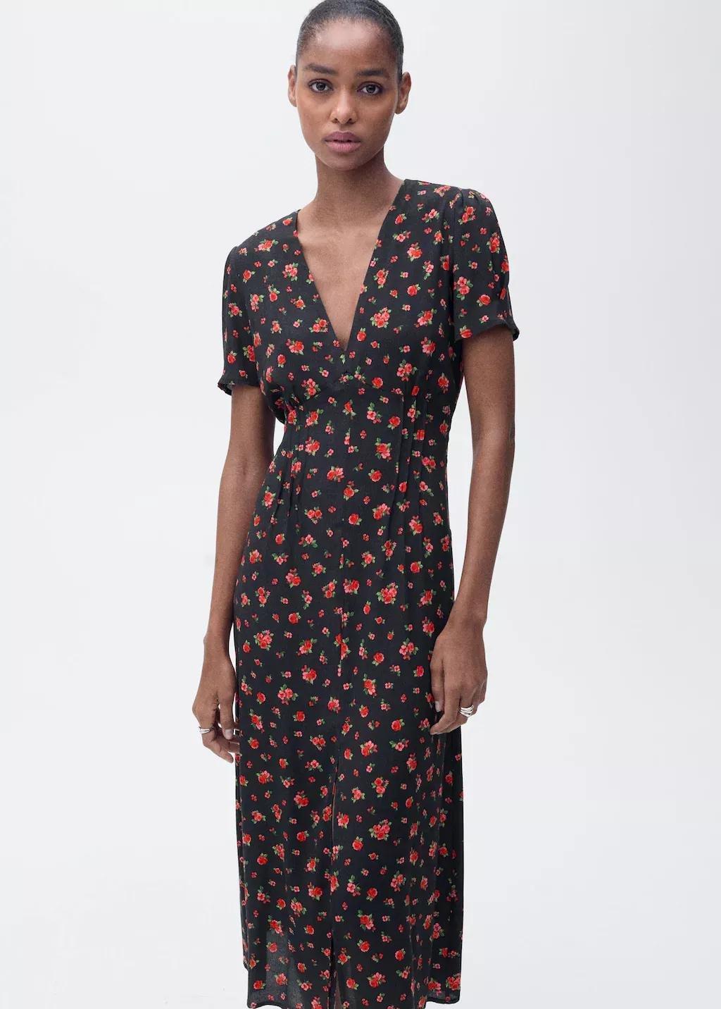 Black Midi Floral Dress, , large image number 0
