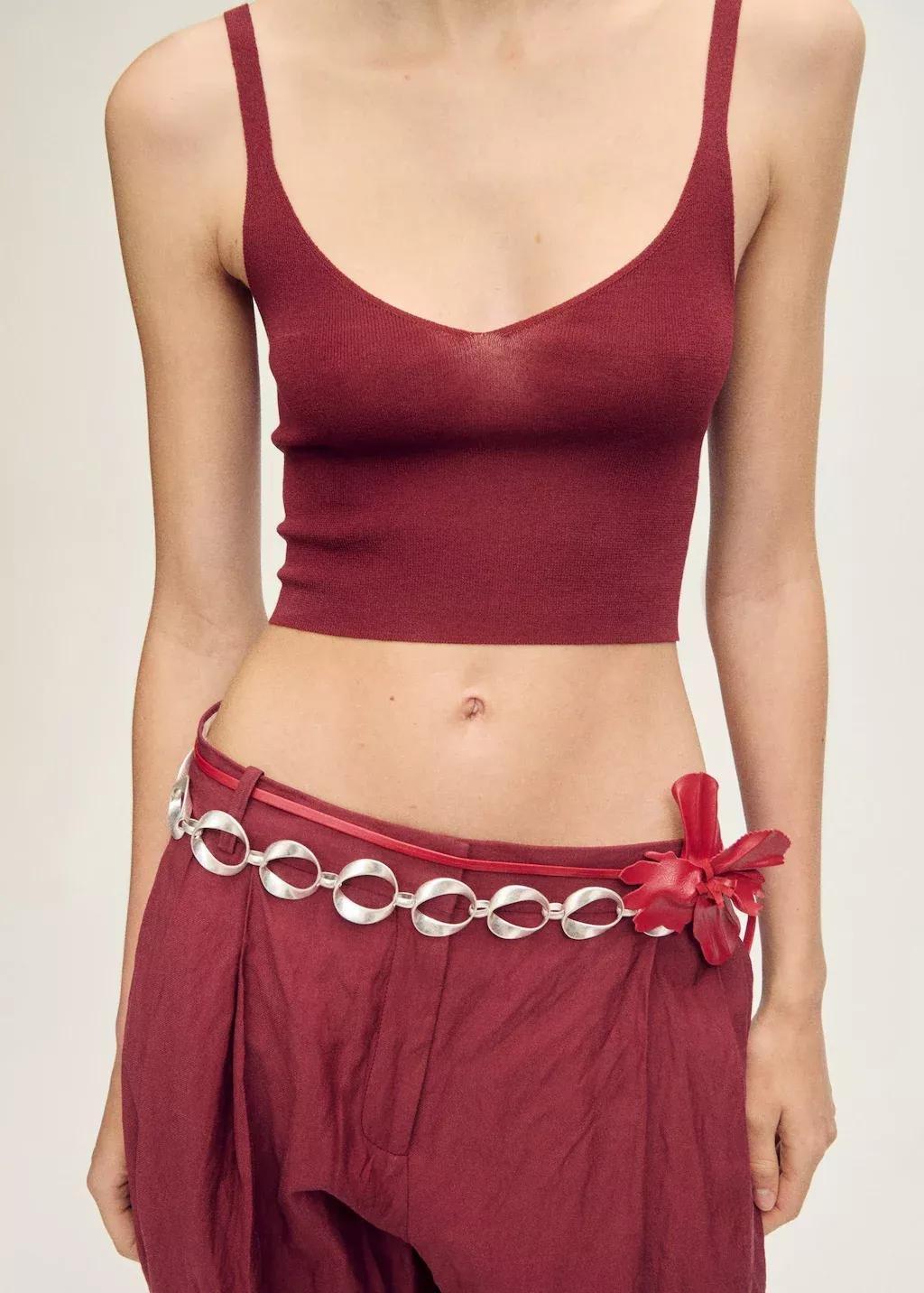 Red Fine Knit Crop Top, , large image number 0