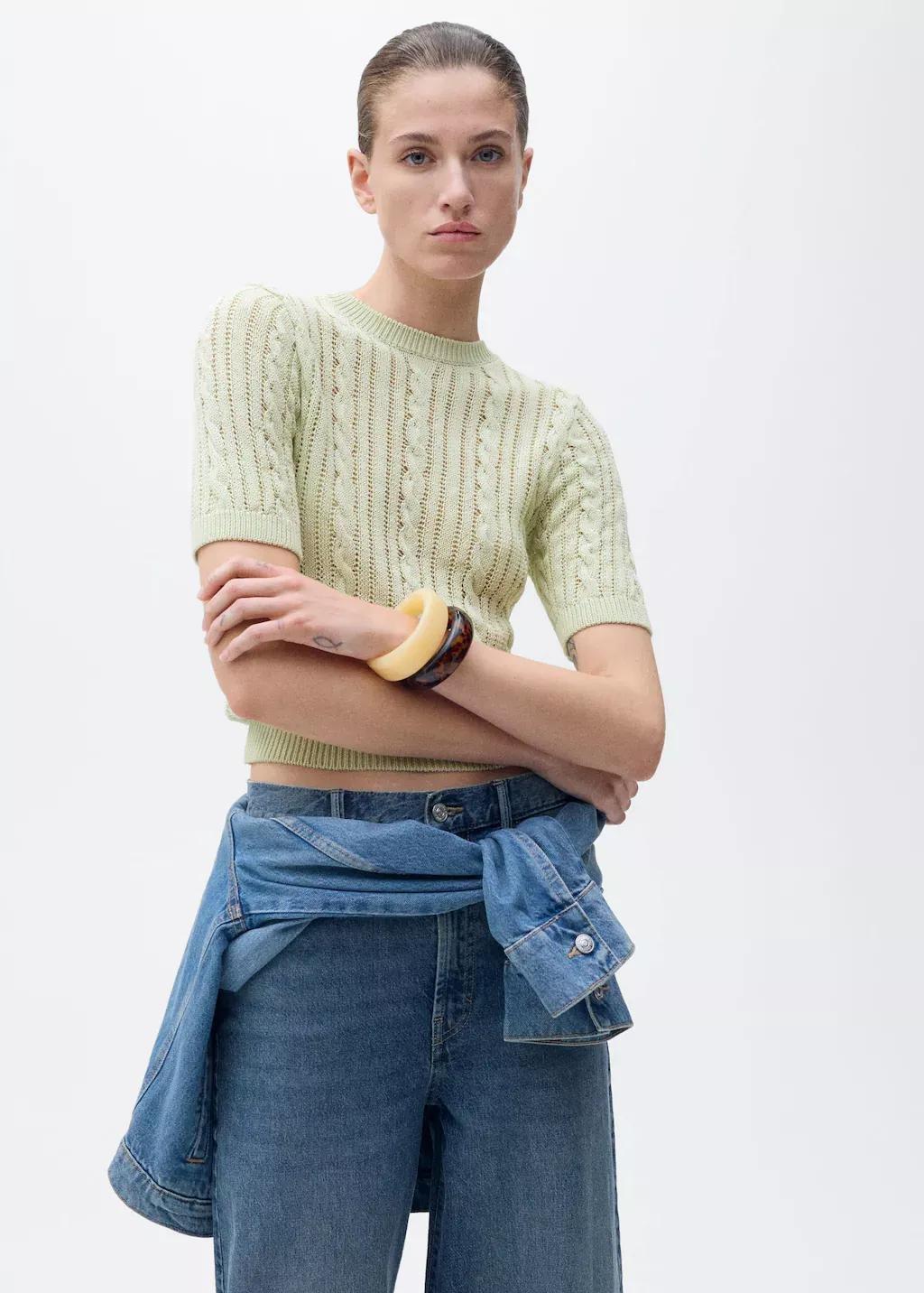 Green Short-Sleeved Cable-Knit Sweater, , large image number 0