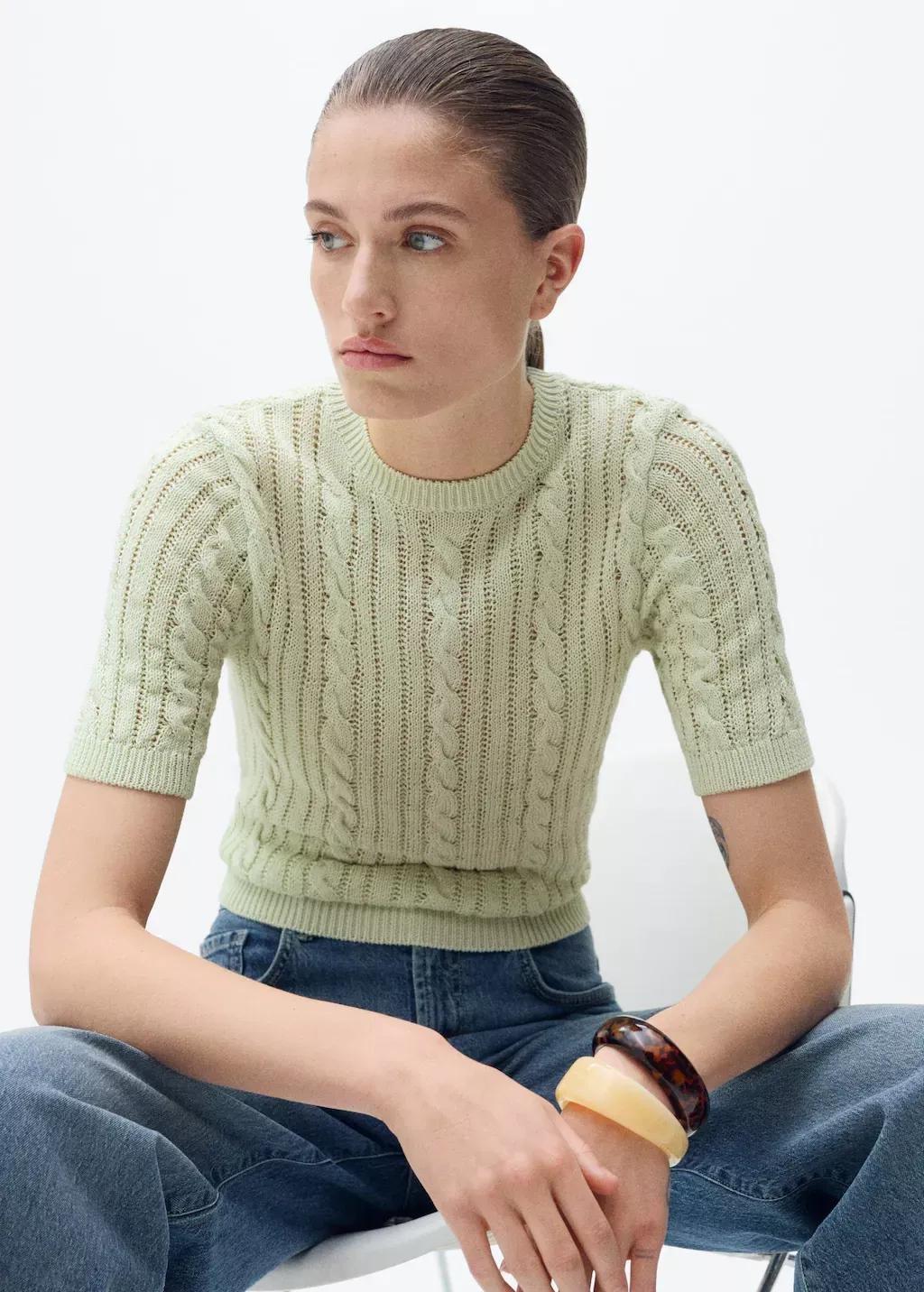 Green Short-Sleeved Cable-Knit Sweater, , large image number 2