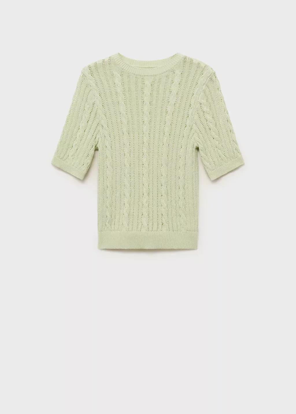 Green Short-Sleeved Cable-Knit Sweater, , large image number 3