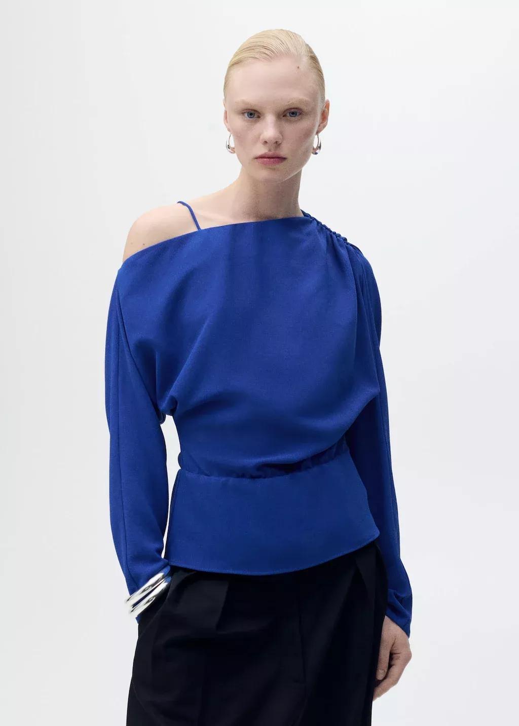 Blue Asymmetrical Gathered Blouse, , large image number 0