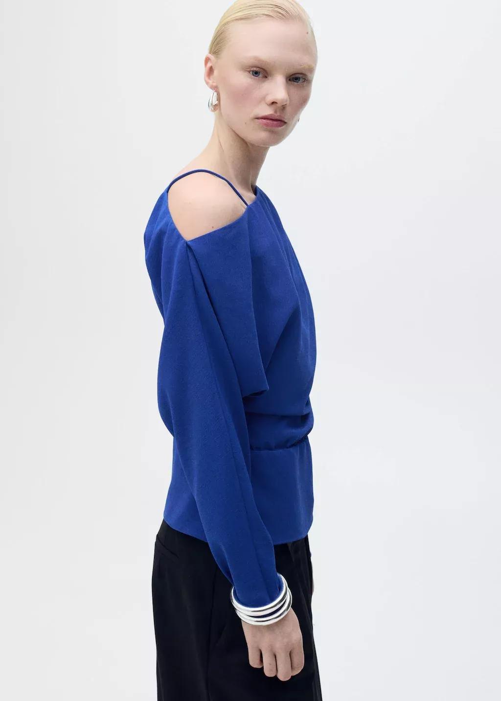 Blue Asymmetrical Gathered Blouse, , large image number 1