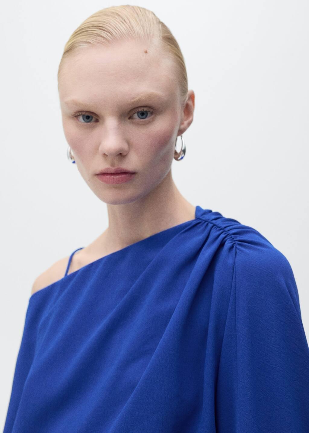 Blue Asymmetrical Gathered Blouse, , large image number 2