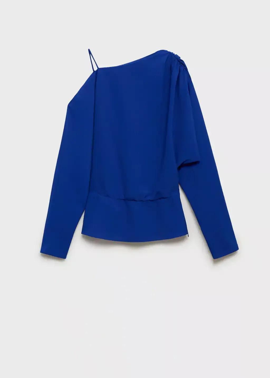 Blue Asymmetrical Gathered Blouse, , large image number 3