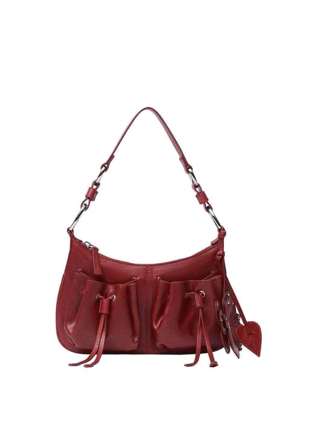 RED Leather shoulder bag with gathered pockets, Red, large image number 2