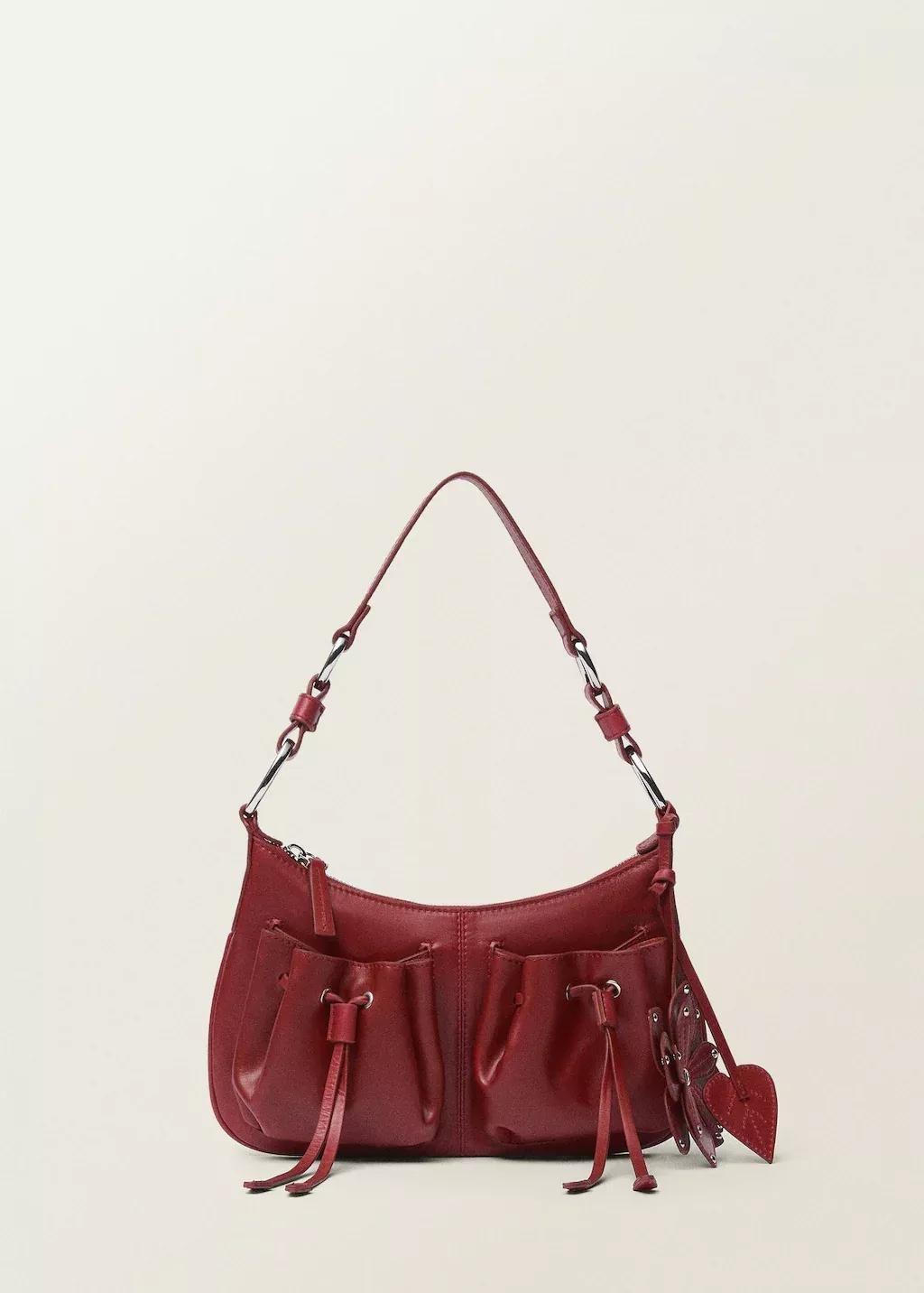 RED Leather shoulder bag with gathered pockets, Red, large image number 4