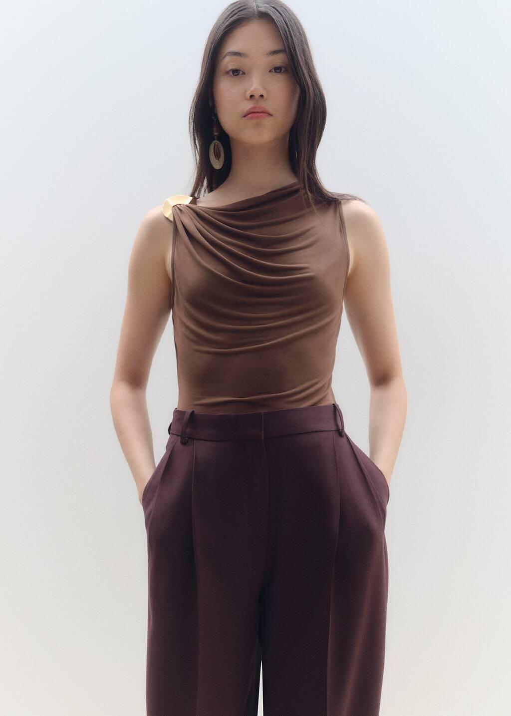 Brown Fitted Top With Metallic Detail, , large image number 6