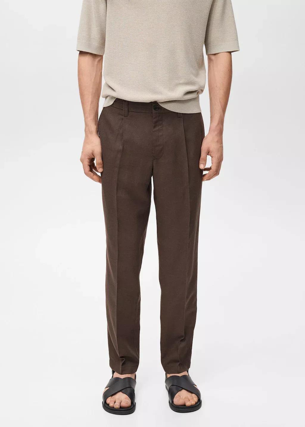 Brown Regular-Fit Linen Trousers, , large image number 0