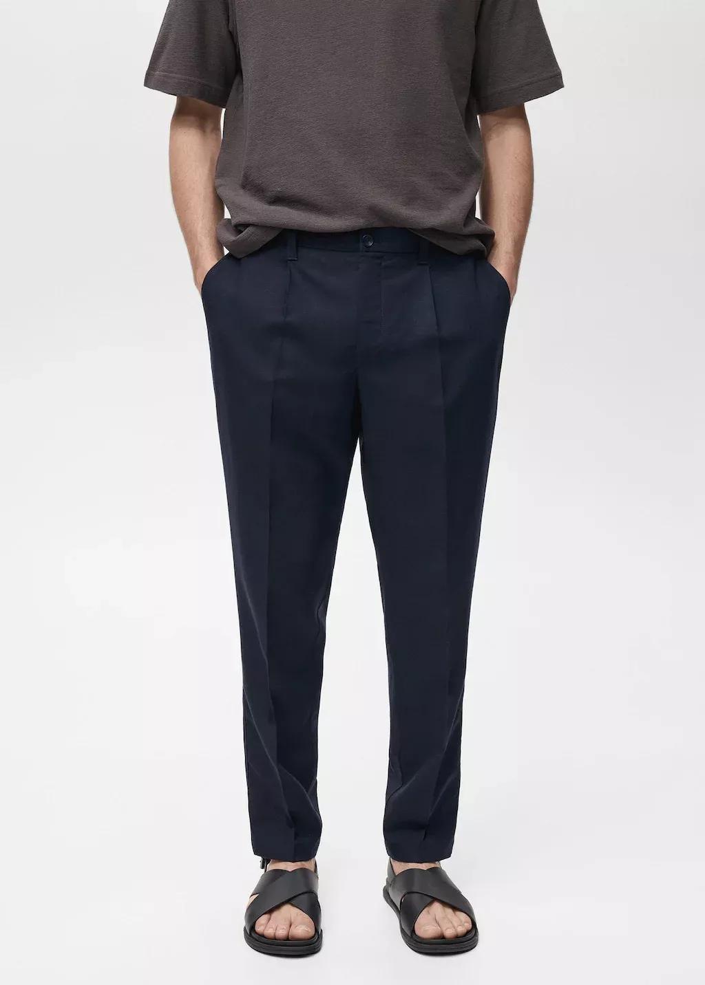 Navy Regular-Fit Linen Trousers, , large image number 0