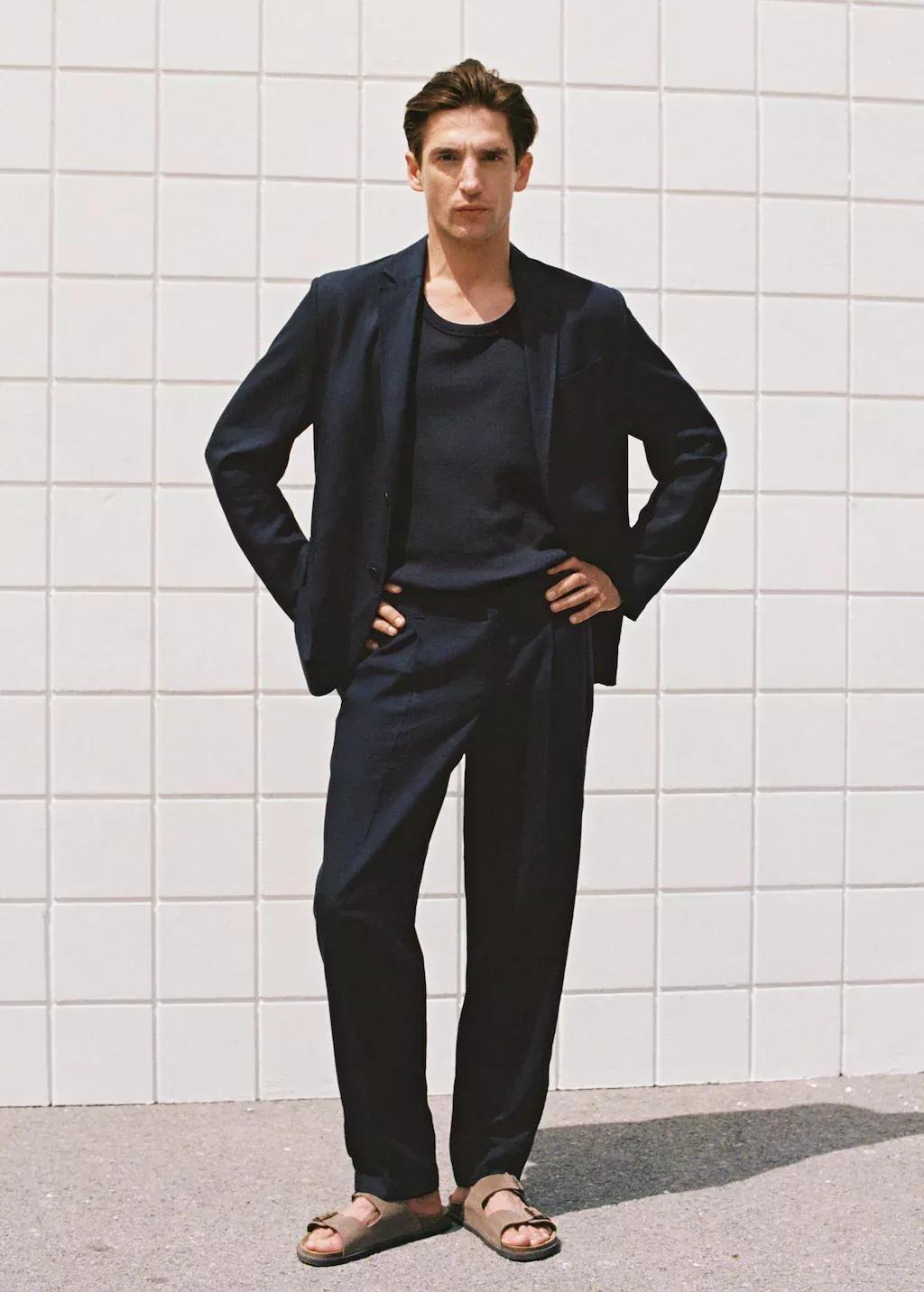 Navy Regular-Fit Linen Trousers, , large image number 5
