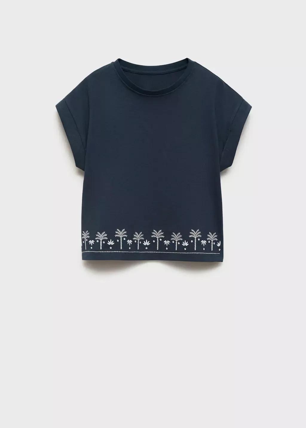 Navy Embroidered Short-Sleeved T-Shirt, Kids Girl, , large image number 0