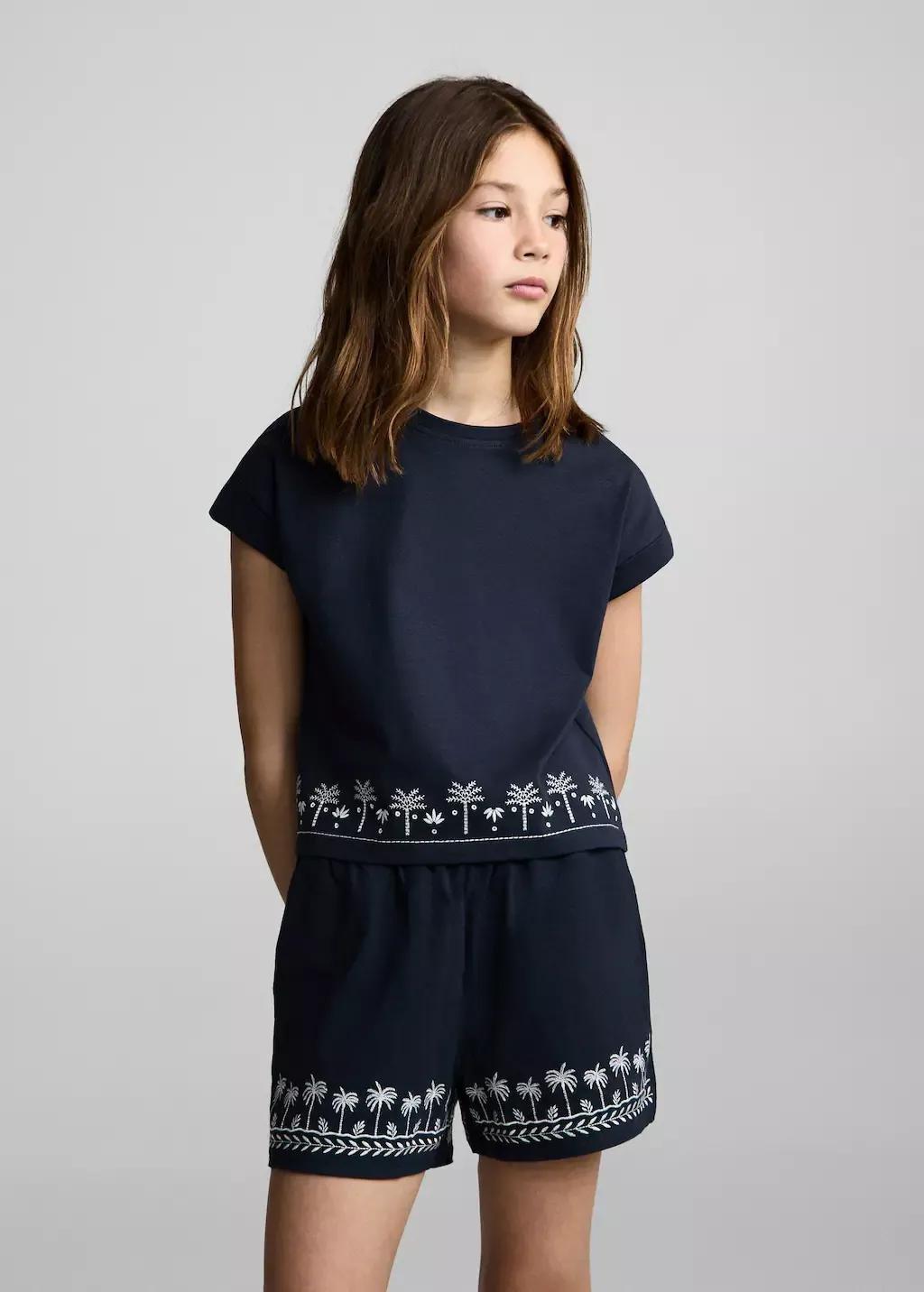 Navy Embroidered Short-Sleeved T-Shirt, Kids Girl, , large image number 1