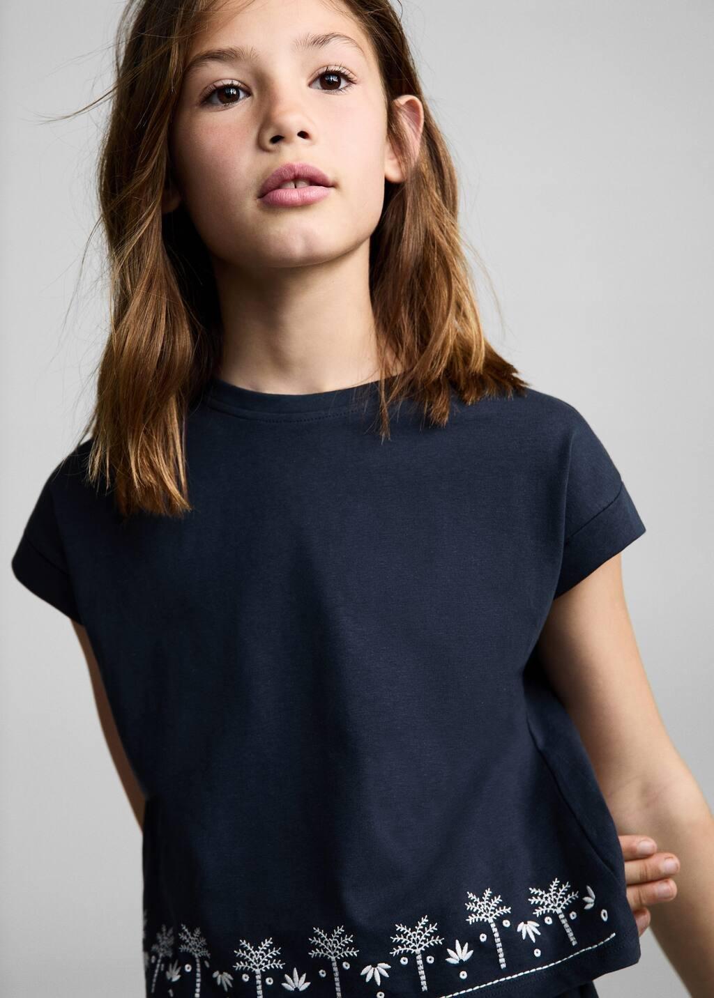 Navy Embroidered Short-Sleeved T-Shirt, Kids Girl, , large image number 3