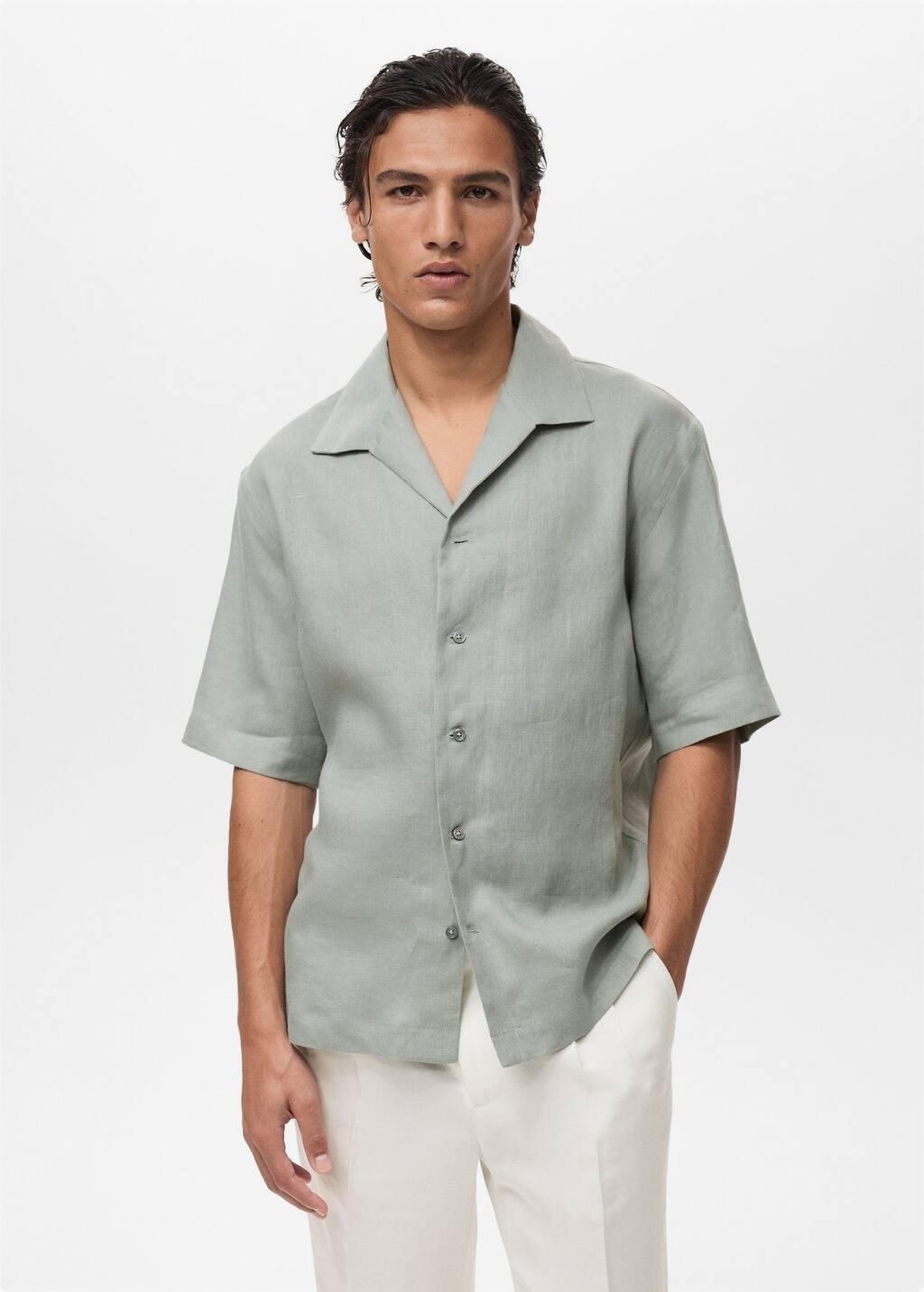 Turquoise 100% Linen Short Sleeve Shirt, , large image number 0
