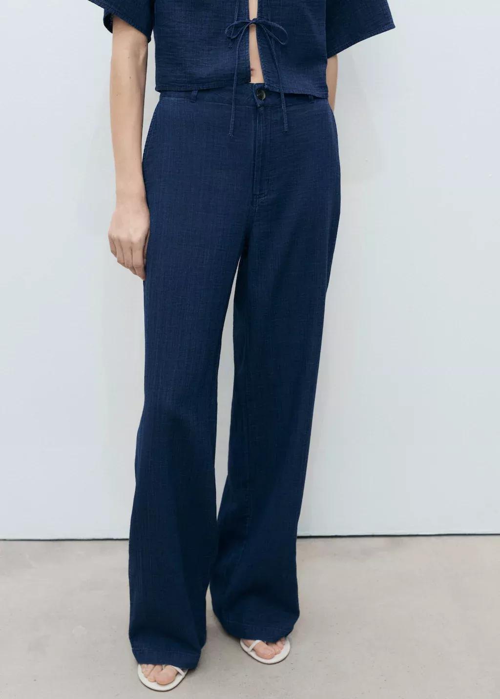 Blue High-Waisted Denim Fluid Pants, , large image number 0