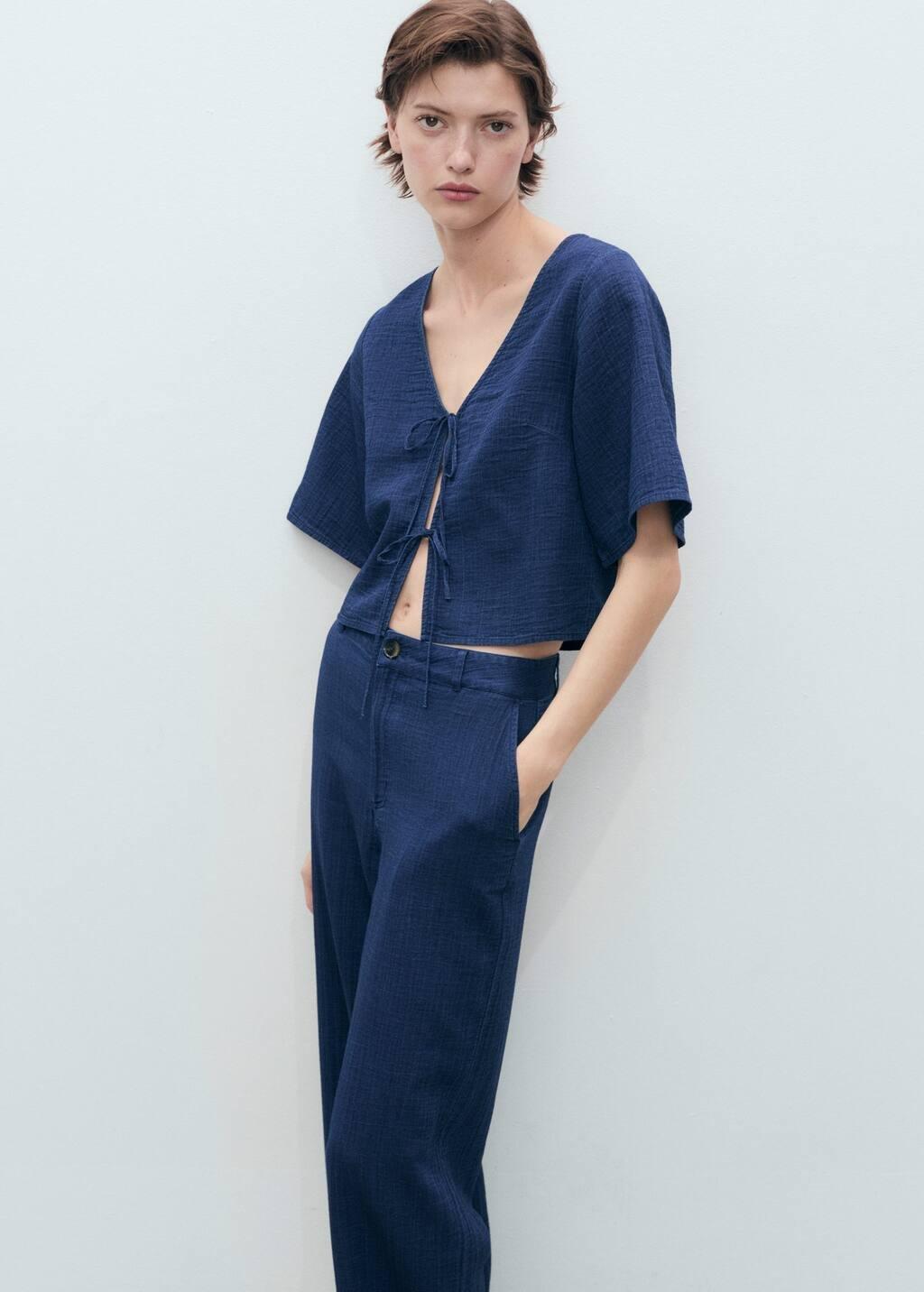 Blue High-Waisted Denim Fluid Pants, , large image number 1