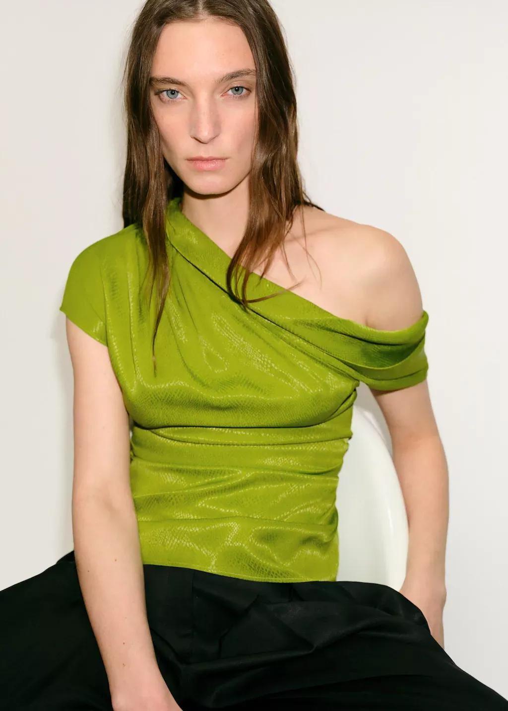 Green Satin Blouse With Asymmetrical Neck, , large image number 0