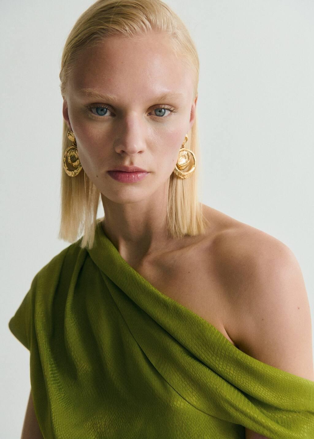 Green Satin Blouse With Asymmetrical Neck, , large image number 2