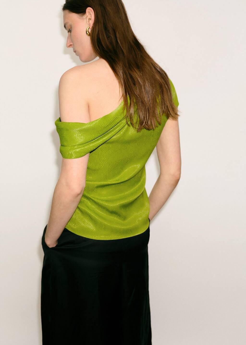 Green Satin Blouse With Asymmetrical Neck, , large image number 3