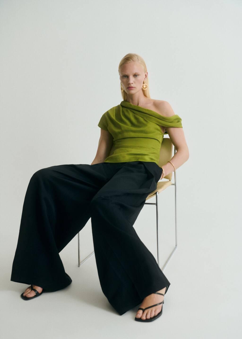 Green Satin Blouse With Asymmetrical Neck, , large image number 4