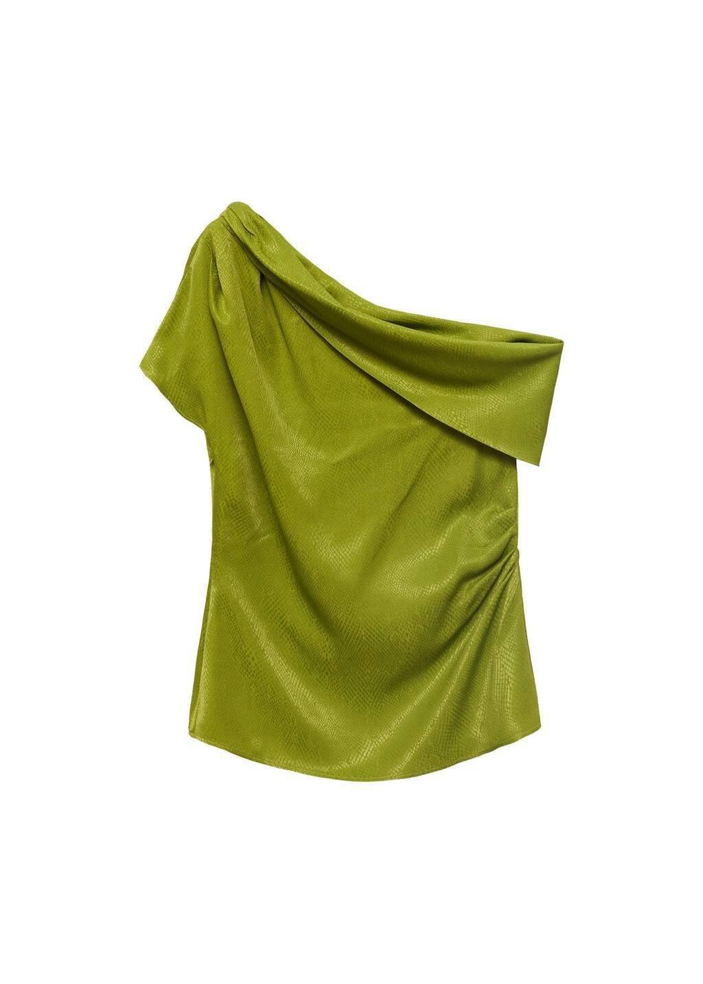 Green Satin Blouse With Asymmetrical Neck, , large image number 5