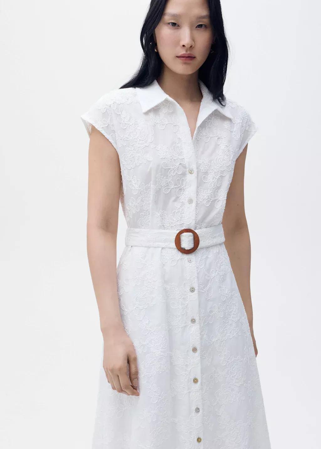 White Embroidered Shirt Dress With Belt, , large image number 0