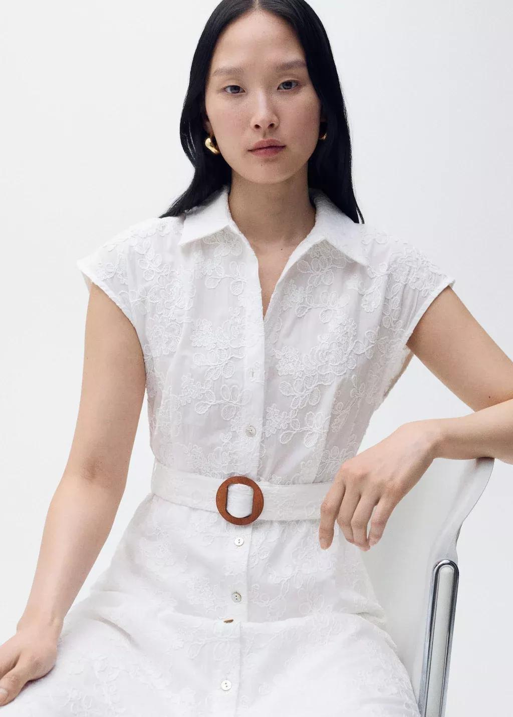 White Embroidered Shirt Dress With Belt, , large image number 2