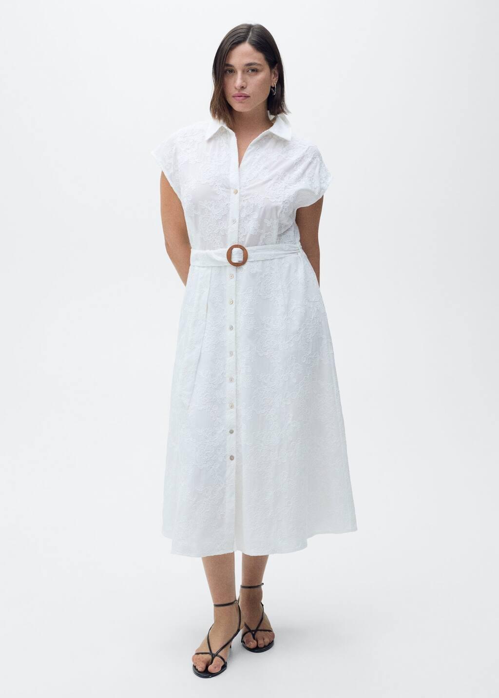 White Embroidered Shirt Dress With Belt, , large image number 4