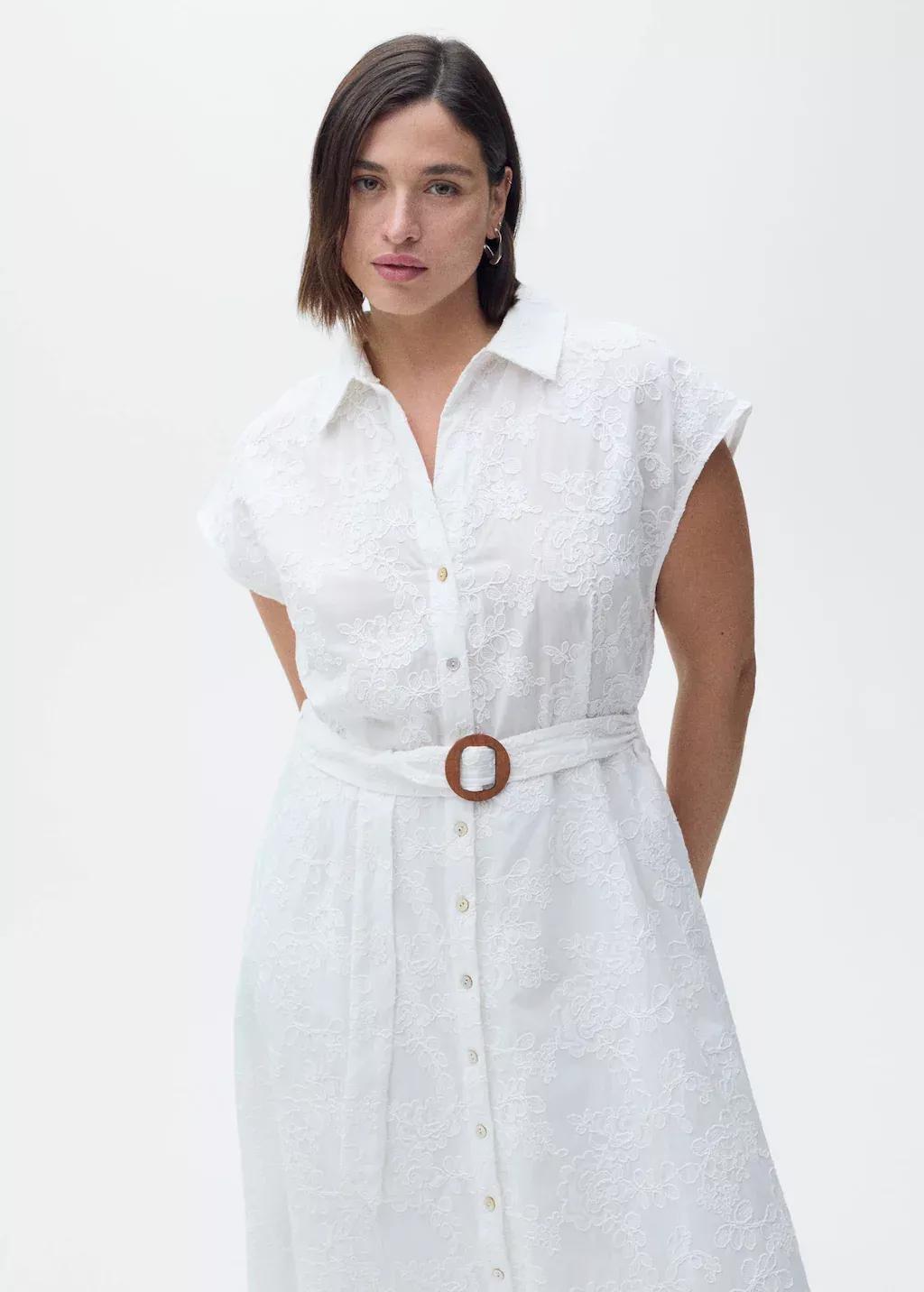 White Embroidered Shirt Dress With Belt, , large image number 6