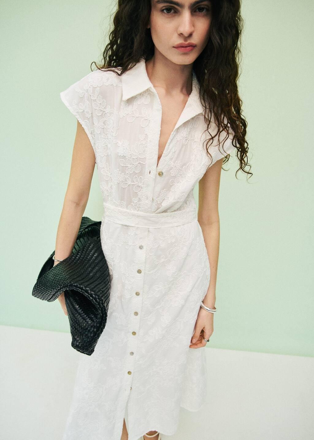 White Embroidered Shirt Dress With Belt, , large image number 8